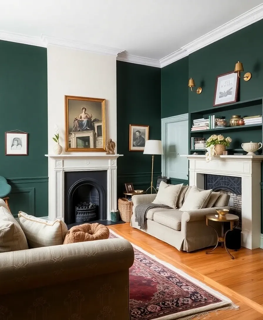 Refined Victorian terrace living room redesign in modern British style with deep green walls and oak floors