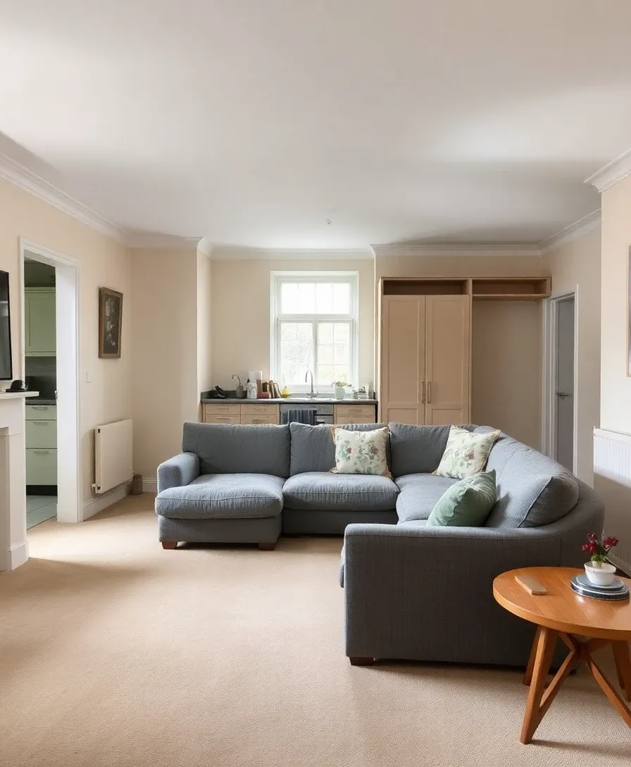 Tired open-plan living area in a London purpose-built flat before AI redesign