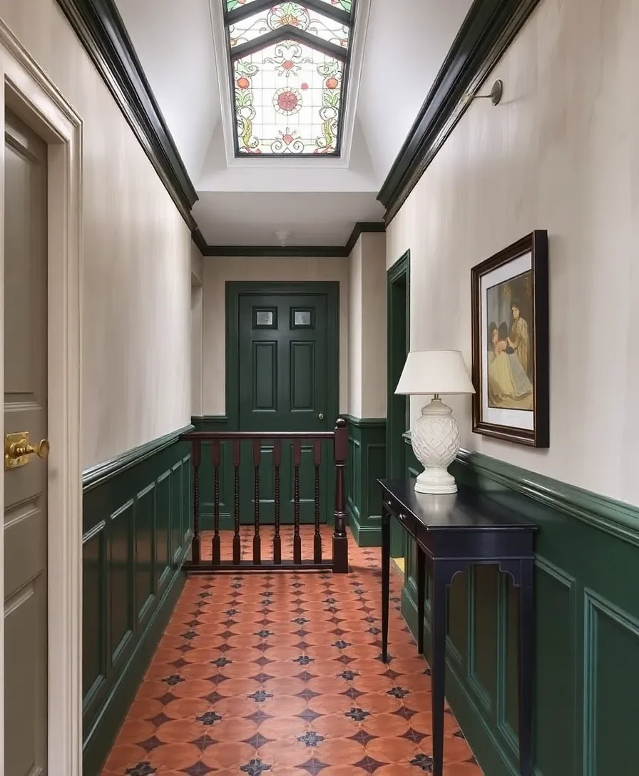 Elegant hallway redesign — restored encaustic tile floor, heritage green panelled dado, stained glass fanlight