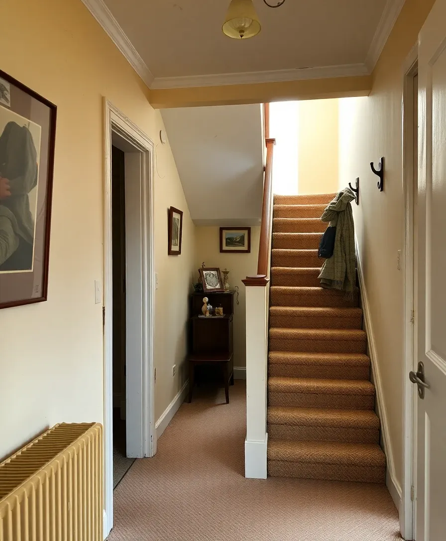 Narrow Edwardian maisonette hallway in Edinburgh before redesign — peeling magnolia walls, beige stair carpet