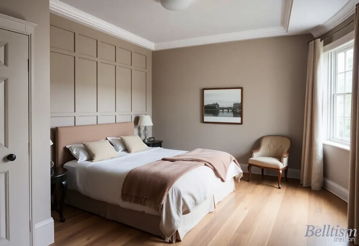 Bedroom design idea — panelled feature wall, linen bed, picture rail, sash window