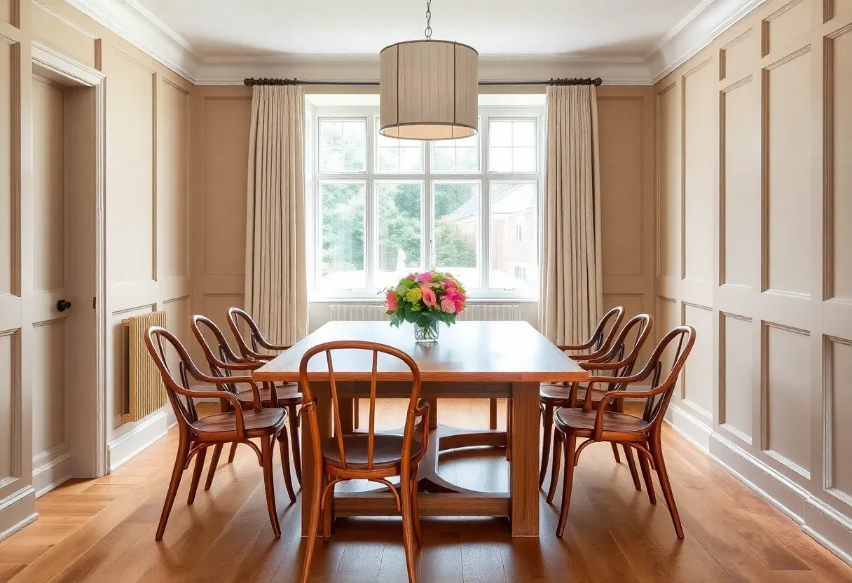 Dining room design idea — solid oak table, bentwood chairs, paper lantern pendant, panelled walls