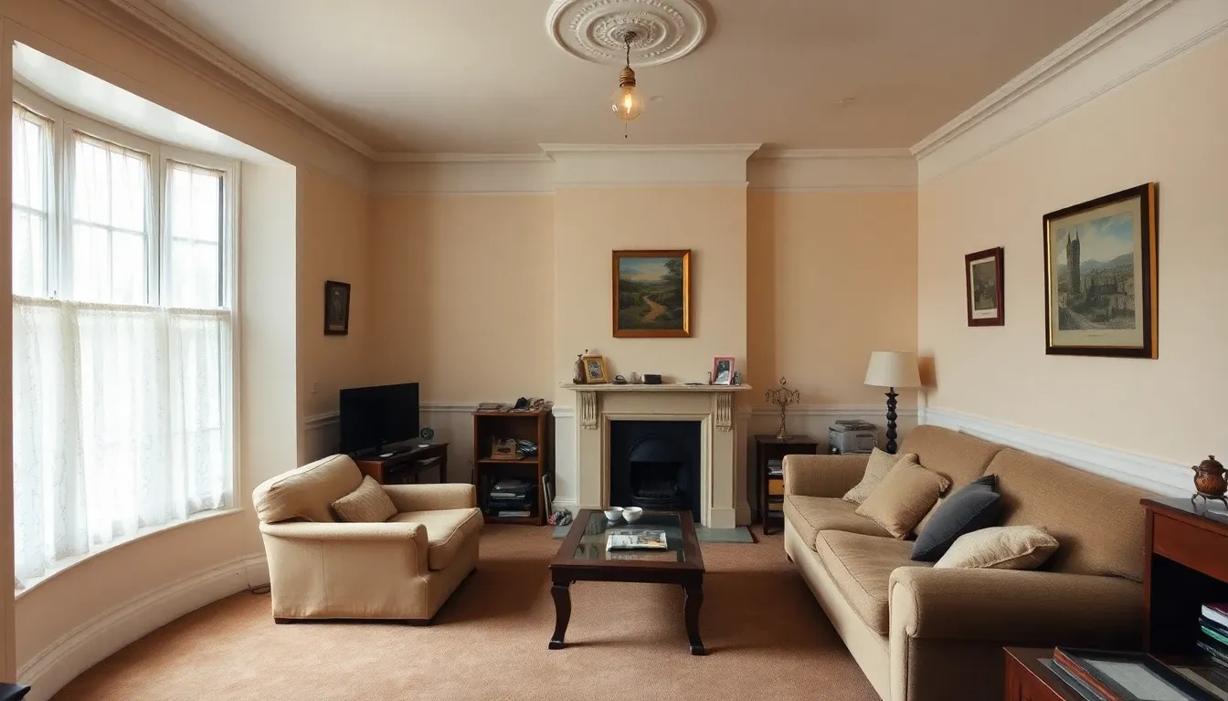 Tired Victorian terrace living room in Hackney before AI redesign — faded magnolia walls, beige carpet, dated furniture
