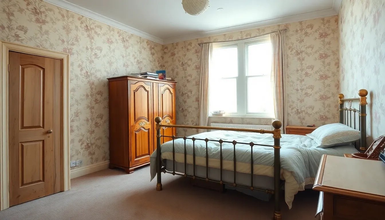 Tired Edwardian semi-detached bedroom before redesign — dated floral wallpaper, beige carpet, brass bed frame