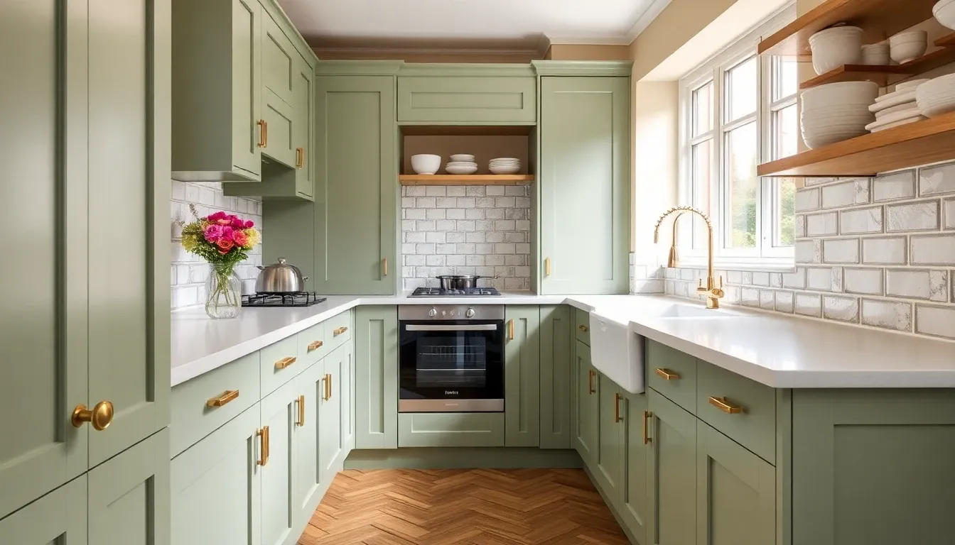 Sage Shaker galley kitchen redesign — brass handles, quartz worktops, Belfast sink under sash window, herringbone LVT